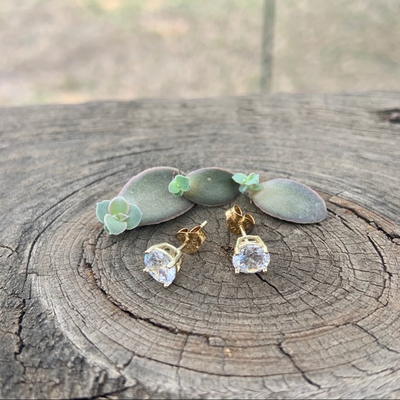Gold CZ Stud Earrings- Sterling Silver - Picture 3 of 8